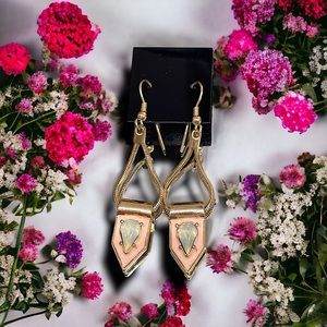 PINK ENAMEL GOLD-PLATED CHAIN DANGLE HOOK EARRINGS OPAL GEM PRETTY PASTEL LIGHT